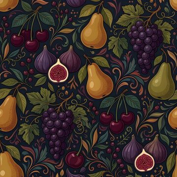 Luxury seamless fruit pattern with dark cherries, figs, pears and grapes, sophisticated editorial vector aesthetic, rich elegant palette, no text