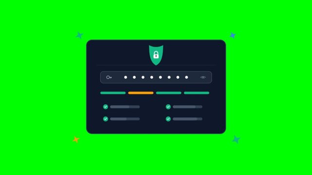 Cybersecurity login interface animation, secure password entry on green screen, digital data protection dashboard, web safety concept