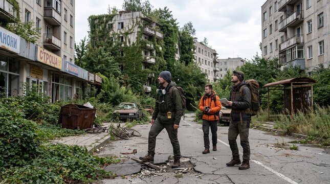 Three people walk through a desolate, overgrown urban street with abandoned buildings.