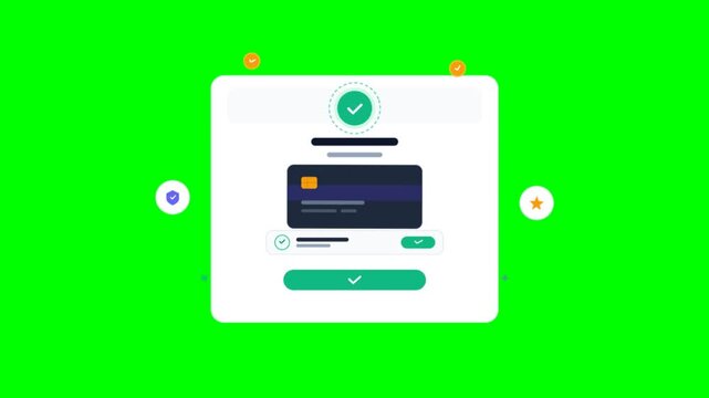 Animated credit card payment interface on green screen. Secure online transaction window with checkmark. Digital banking checkout animation.