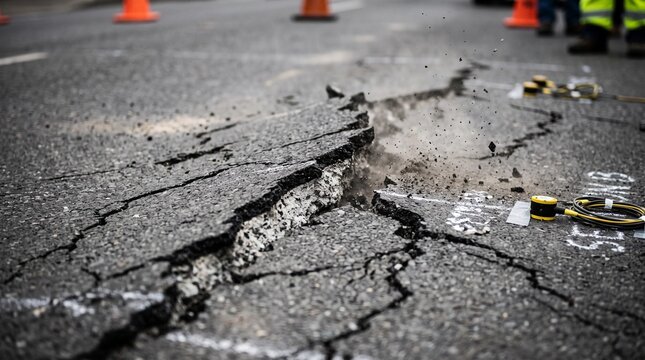 Cracked Asphalt Road Surface After Earthquake Damage.