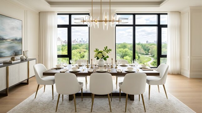 Modern Dining Room with Table Set and Scenic Park View Window