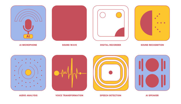 Artificial Intelligence Audio Icons: Microphone, Sound Wave, Recorder, Recognition, Analysis, Transformation, Detection, Speaker