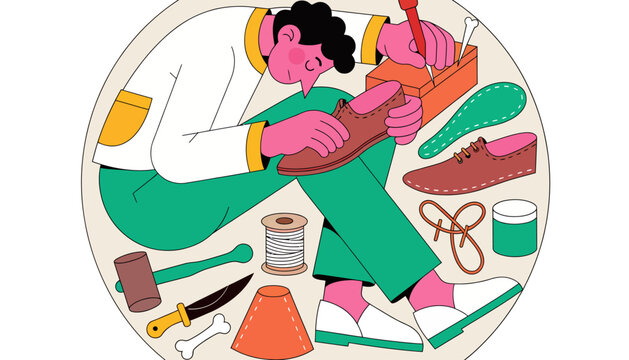 Artisan Shoemaker Handcrafting Leather Shoes with Tools and Materials in Circular Illustration