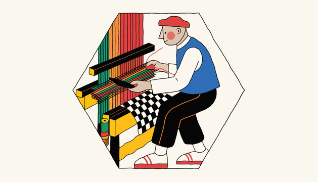 Artisan Weaver Creating Fabric on Traditional Loom - Folk Art Style