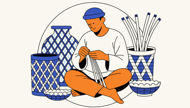 Artisan weaving traditional basket in a cozy workshop, craft, hobby, handmade product, cultural heritage