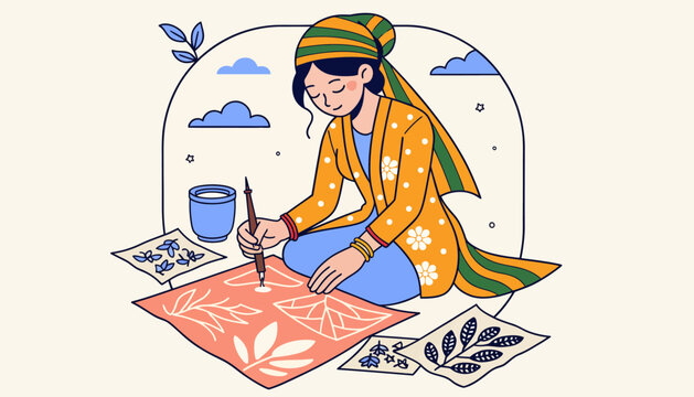 Artisan woman creating textile patterns with traditional tools, crafting skills, cultural heritage illustration
