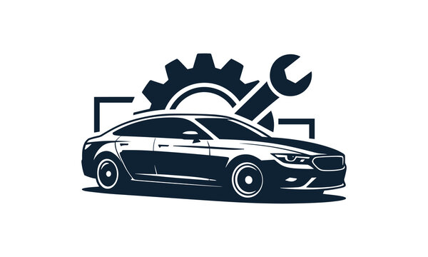 Car repair service logo design with gear and wrench icon