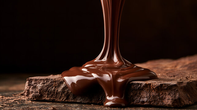 Rich dark chocolate melt pour creates sweet liquid syrup, delivering highly satisfying, indulgent, tempting cocoa dessert sensation