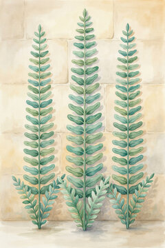 A Delicate Set of Three Watercolor Fern Illustrations Featuring Soft Green Fronds Against a Textured Neutral Stone Background