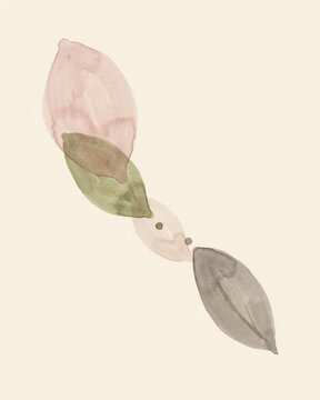 Minimalist Abstract Watercolor Botanical Illustration Featuring Soft Pastel Earth Tones and Delicate Leaf Shapes on a Neutral Background