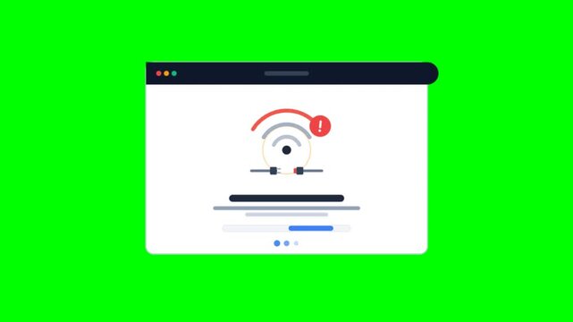 No internet connection error message on web browser window, flat animation of disconnected wifi signal on green screen background, network failure icon