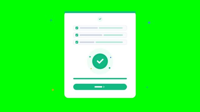 Animated checklist document with checkmark icon. Digital survey form on green screen background. Success confirmation interface for business apps.