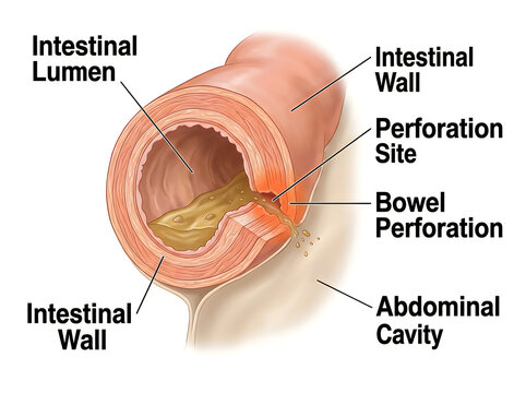 Gastrointestinal Bowel Perforation Cross Section Medical Illustration with Intestinal Lumen and Wall Anatomy Diagram Isolated