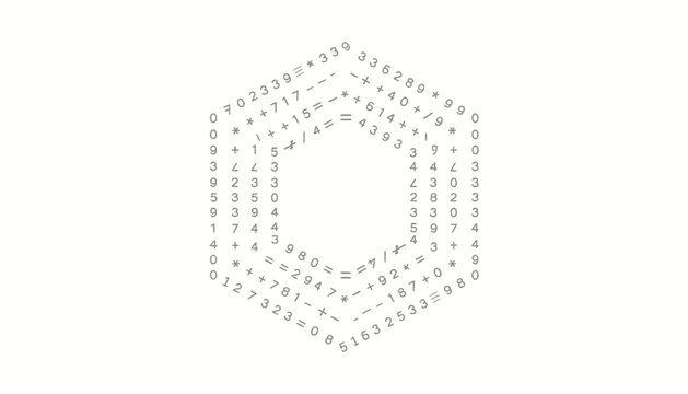 Abstract Geometric Hexagon with Mathematical Formulas and Numbers on White Background - Digital Art