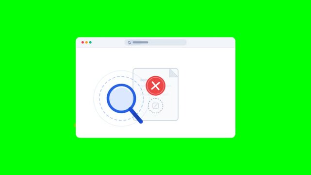 Search result not found animation, web browser error page on green screen, magnifying glass with red cross icon, digital data failure