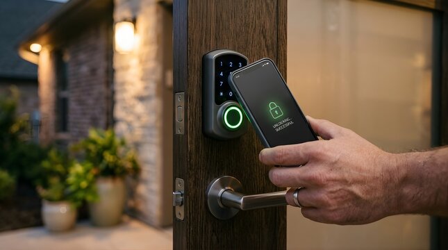 Person unlocking a smart door lock using a smartphone at home entrance