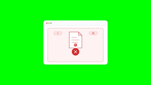 Digital file upload error animation, red cross failure icon on web browser window, flat motion graphic on green screen background
