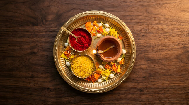 Traditional brass plate with colorful powders for Indian festival celebration on dark table