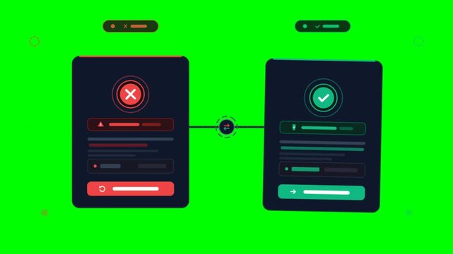 Modern UI comparison cards on green screen, digital interface with check and cross icons, user experience design elements for web development