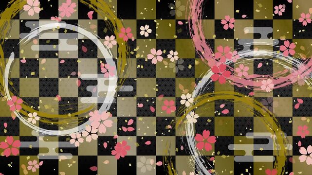 桜01 小 ピンク 筆の円 紙吹雪 金 下降 パターン01 エ霞 市松模様 麻の葉 ループ （金黒 背景）02