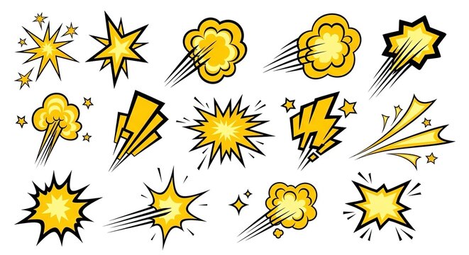 Comic book action explosions and cartoon blast effects solid vector icon set containing icons for star burst speed lines cloud puff impact flash and dynamic shockwave for graphic design projects
