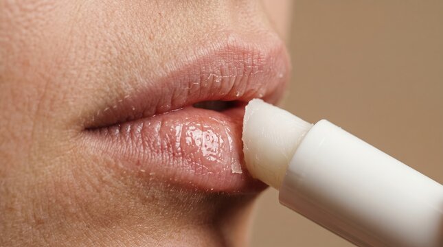 Applying hydrating lip balm to dry cracked lips close-up detail