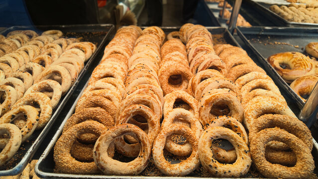 Fresh baked bread rings at a local market stand