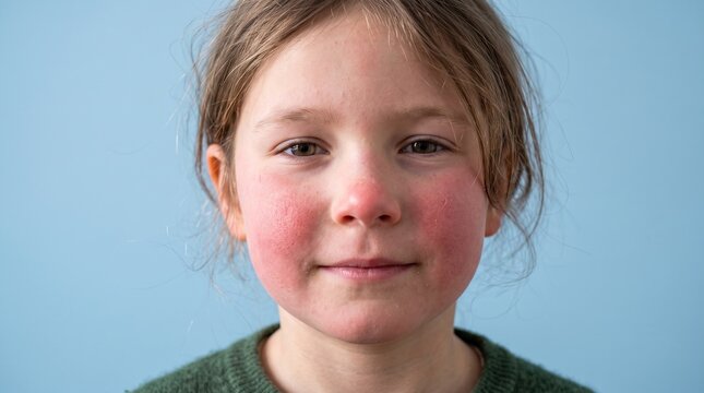 Frontal portrait of young girl with red flushed cheeks on blue background