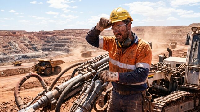 A miner in a hard hat working at an Australian mine, the miner's face dusty, the mine site visible. The background shows a vast open-pit mine in Western Australia.
