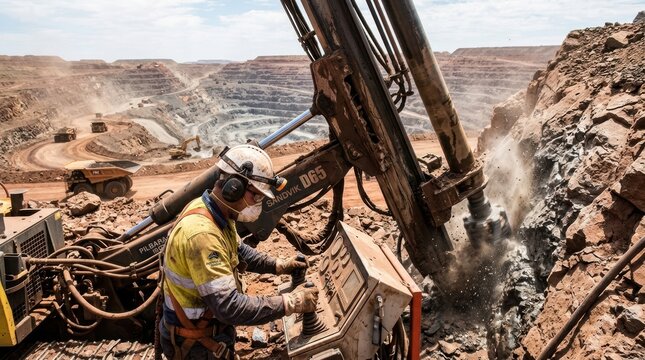 A miner operating a drill at a mine site, the drill powerful, the miner focused. The background shows a vast open-pit mine. The light is harsh, the scene is industrial.