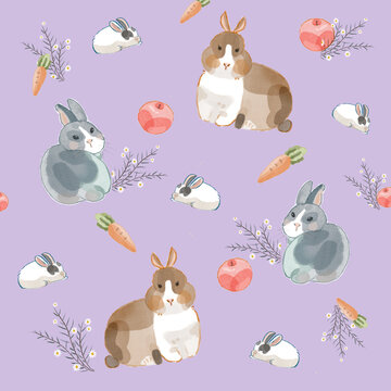 Watercolor seamless pattern with cute rabbits, carrots, and flowers on purple background
