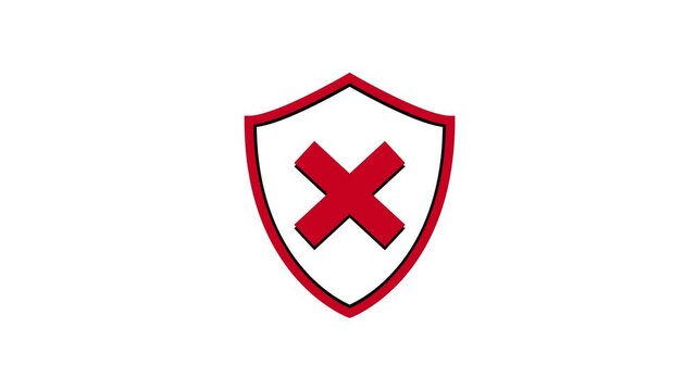 3D outline red shield icon animation with crossmark symbol and line reveal motion on white background and green screen. 4K animated for security, access denied, system error, and motion graphics.