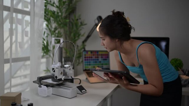 Female designer using tablet and 3d printer at home office. 3d printer