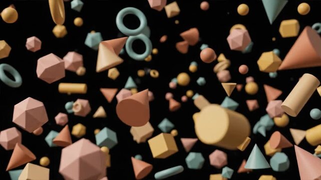 Abstract 3D Geometric Shapes Exploding on Black Background - Pastel Cubes, Spheres, and Cones Dispersing.