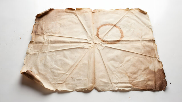 Old vintage paper texture with coffee stain and folded creases isolated on white background