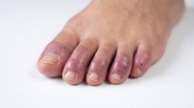 Close Up View of Human Toes with Redness Inflammation and Chilblains