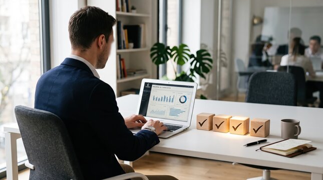 Businessman sitting at white desk in modern office analyzing financial data and statistics on laptop screen, surrounded by wooden blocks with checkmarks symbolizing success