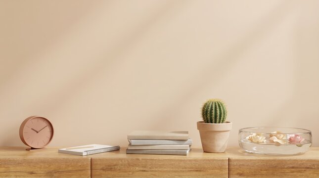 Minimalist wooden shelf decor still life arrangement, small potted cactus plant, rose gold analog clock, stack of grey notebooks, spiral journal, glass bowl with floating flowers