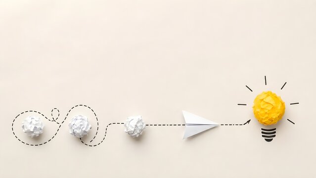 Paper airplane navigating chaotic dashed line path toward yellow crumpled paper lightbulb representing successful innovation