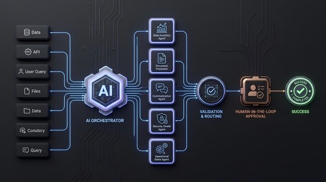 AI orchestrator workflow with human-in-the-loop approval and success icon