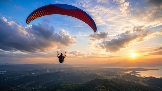 Paraglider Flying Over Scenic Mountain Landscape at Golden Sunset &ndash; Adventure, Freedom and Travel Concept
