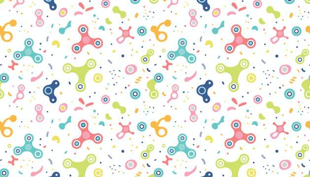 Colorful seamless pattern featuring pink, blue, and green fidget spinners and abstract gears on a white background.