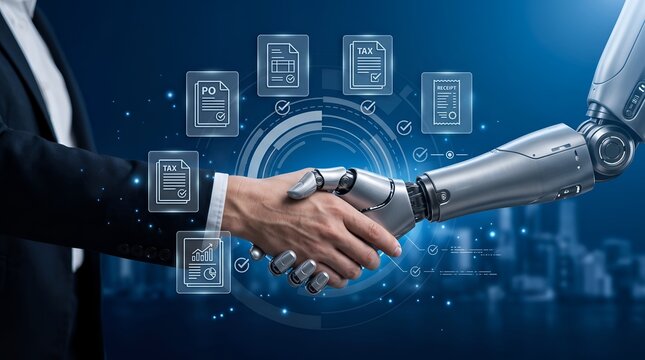 Robot arm and human hand shaking in agreement with digital documents floating