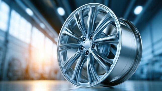 A shiny, modern alloy car wheel rim displayed in a sleek, industrial setting with soft lighting.