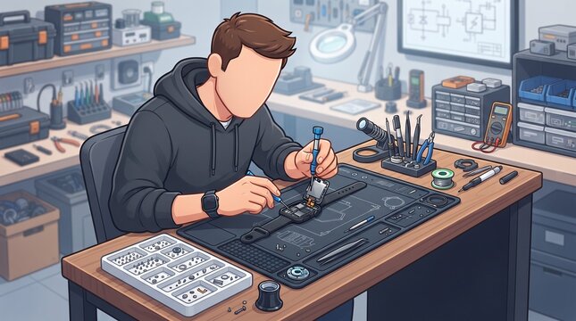 Faceless cartoon male technician repairing a smartwatch with miniature tools and electronic components at a compact technology repair workstation