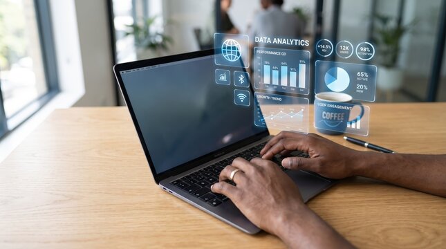 Businessman analyzing data analytics on laptop with futuristic holographic interface showing growth trends, performance charts, and user engagement statistics in modern office
