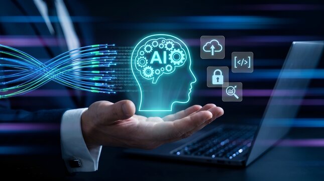 AI concept with glowing head and data streams over businessman's hand