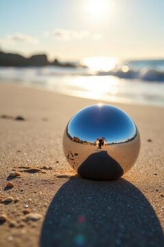 Shiny chrome boccia balls on beach; sun reflections , vacation, outdoor