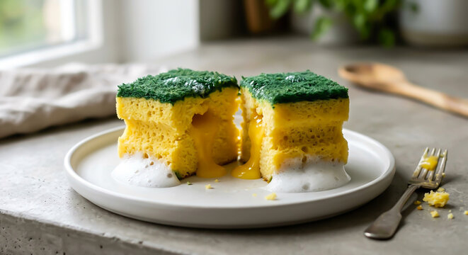 Creative design of a cake shaped like dishwashing sponge presented on ceramic plate. The cake features a lemon cake filled with lemon sauce, soy lecithin foam and topped with layer of green tea cake.
